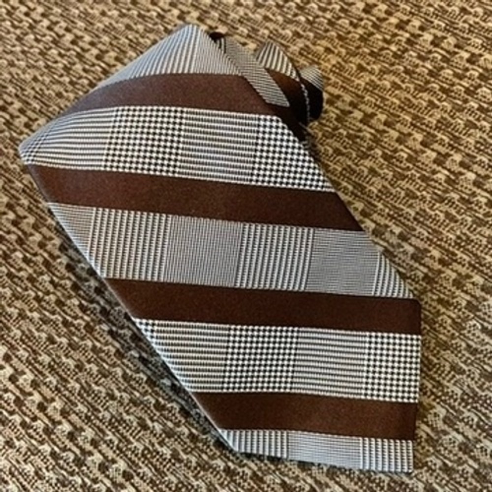 Brooks Brothers Necktie Brown White Repp Preppy Heritage Plaid Striped Silk Tie